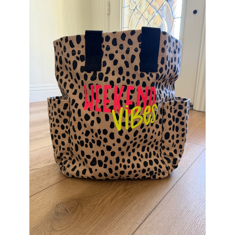 Universal Thread Leopard Print Weekend Vibes Canvas Tote Bag Tan Black Neon